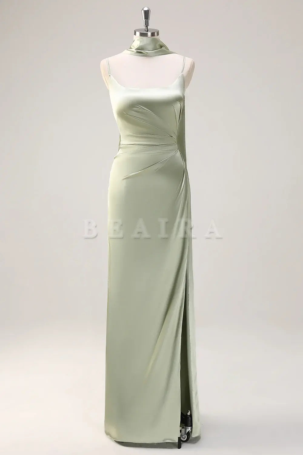 Beaira Sage Sheath Spaghetti Straps Streamer Long Satin Bridesmaid Dress with Slit Bridesmaid dress shop