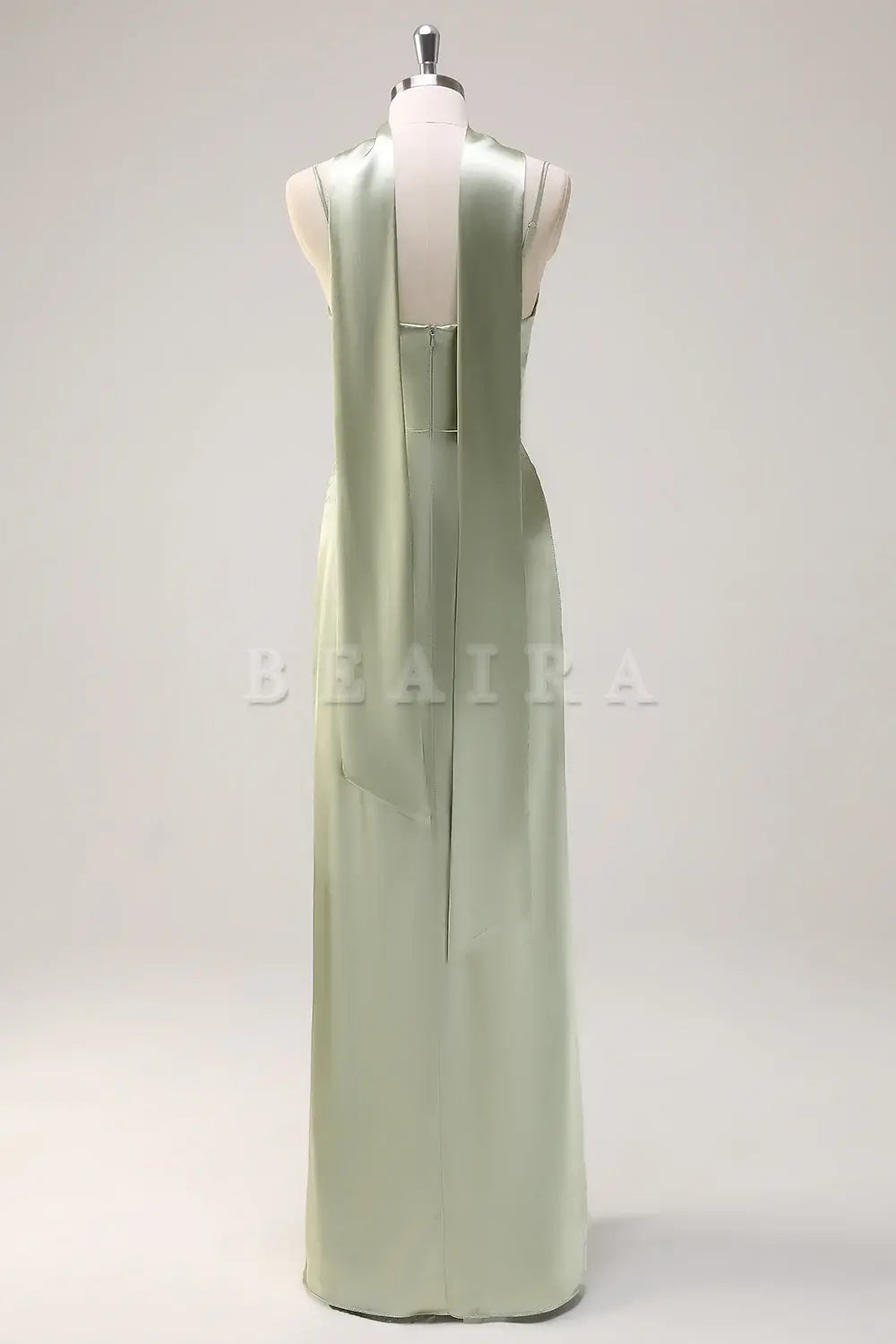Beaira Sage Sheath Spaghetti Straps Streamer Long Satin Bridesmaid Dress with Slit Bridesmaid dress shop