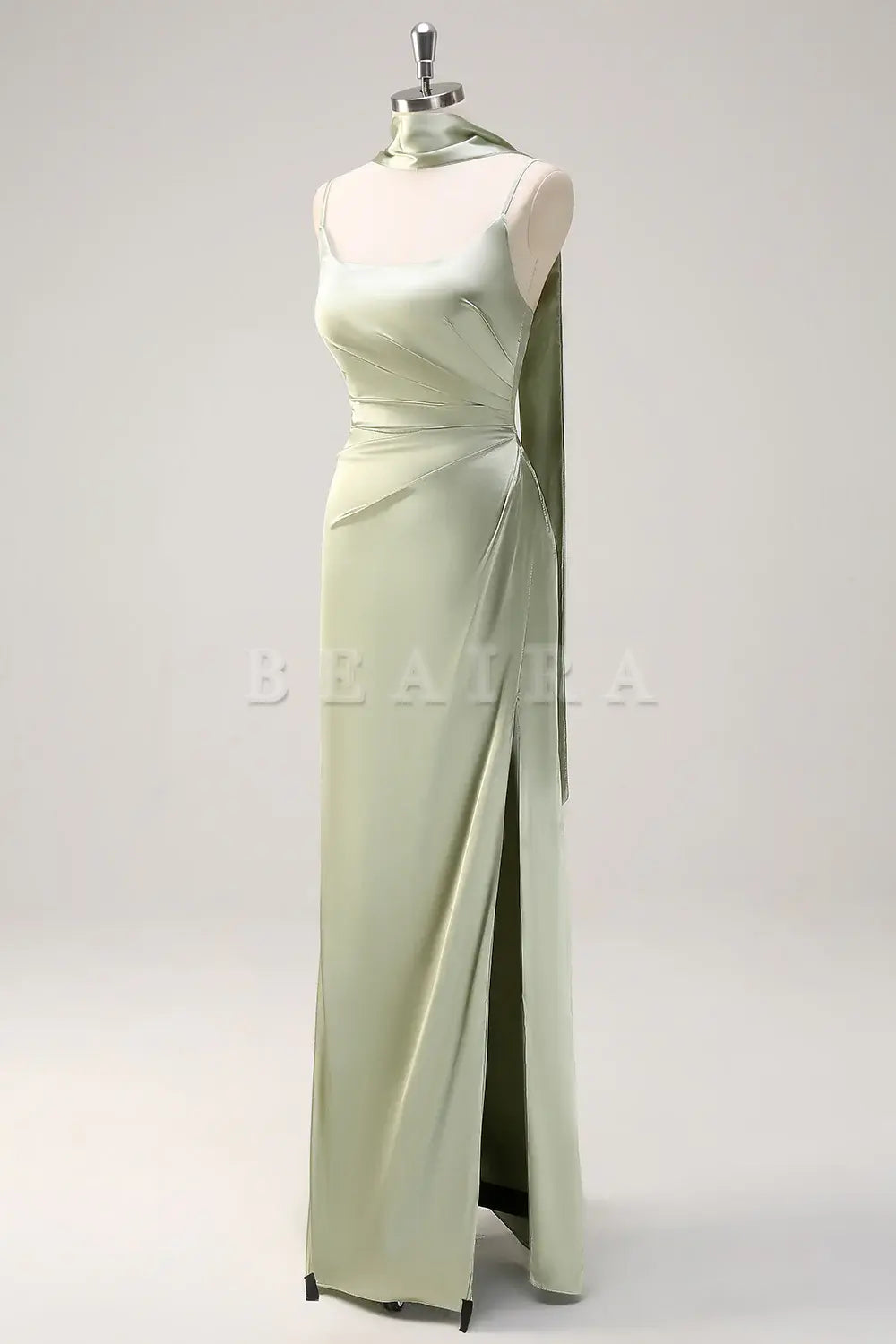 Beaira Sage Sheath Spaghetti Straps Streamer Long Satin Bridesmaid Dress with Slit Bridesmaid dress shop