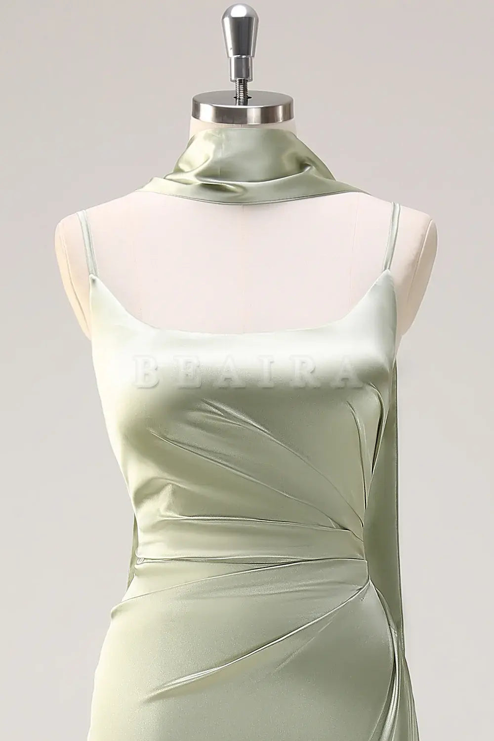 Beaira Sage Sheath Spaghetti Straps Streamer Long Satin Bridesmaid Dress with Slit Bridesmaid dress shop