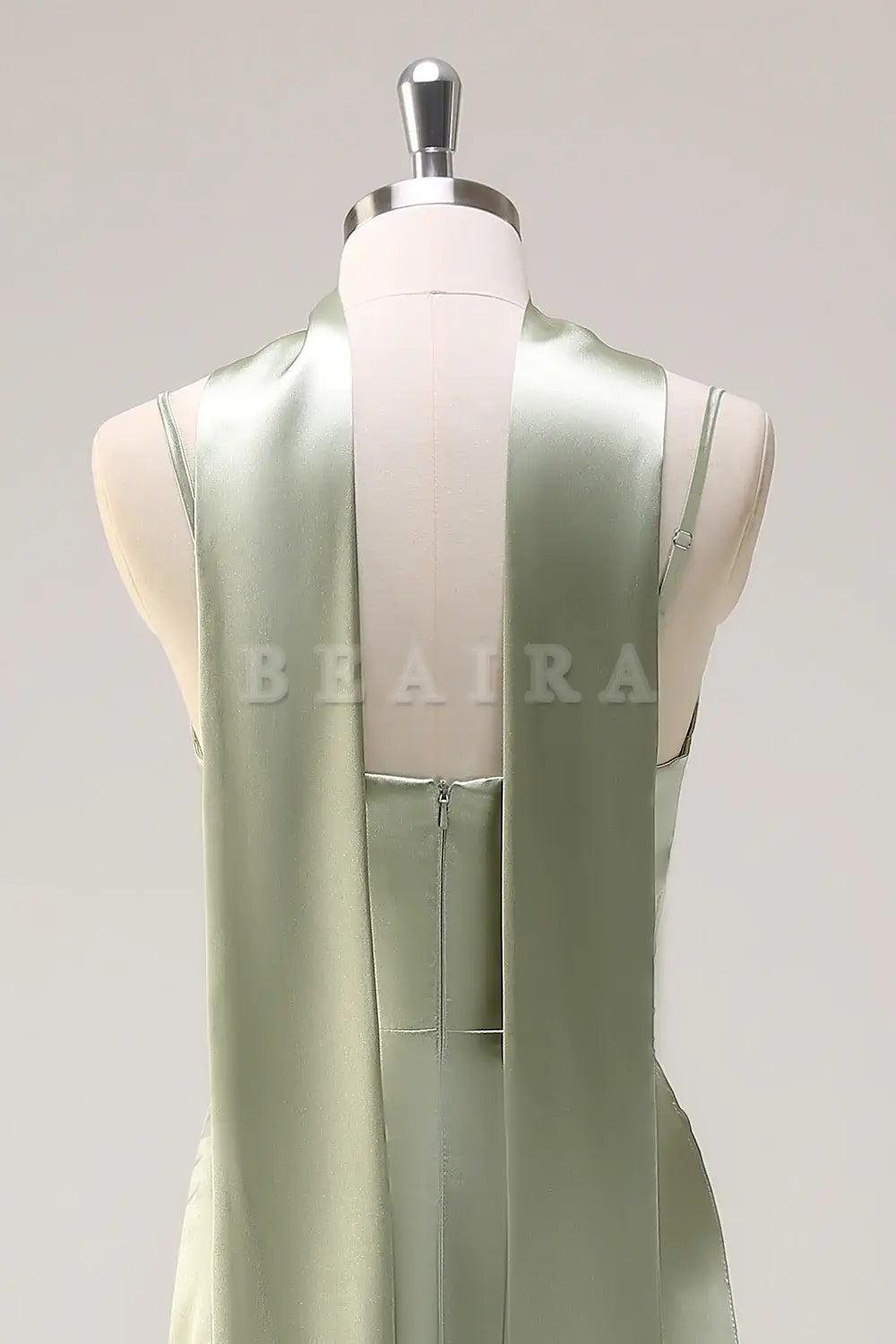 Beaira Sage Sheath Spaghetti Straps Streamer Long Satin Bridesmaid Dress with Slit Bridesmaid dress shop