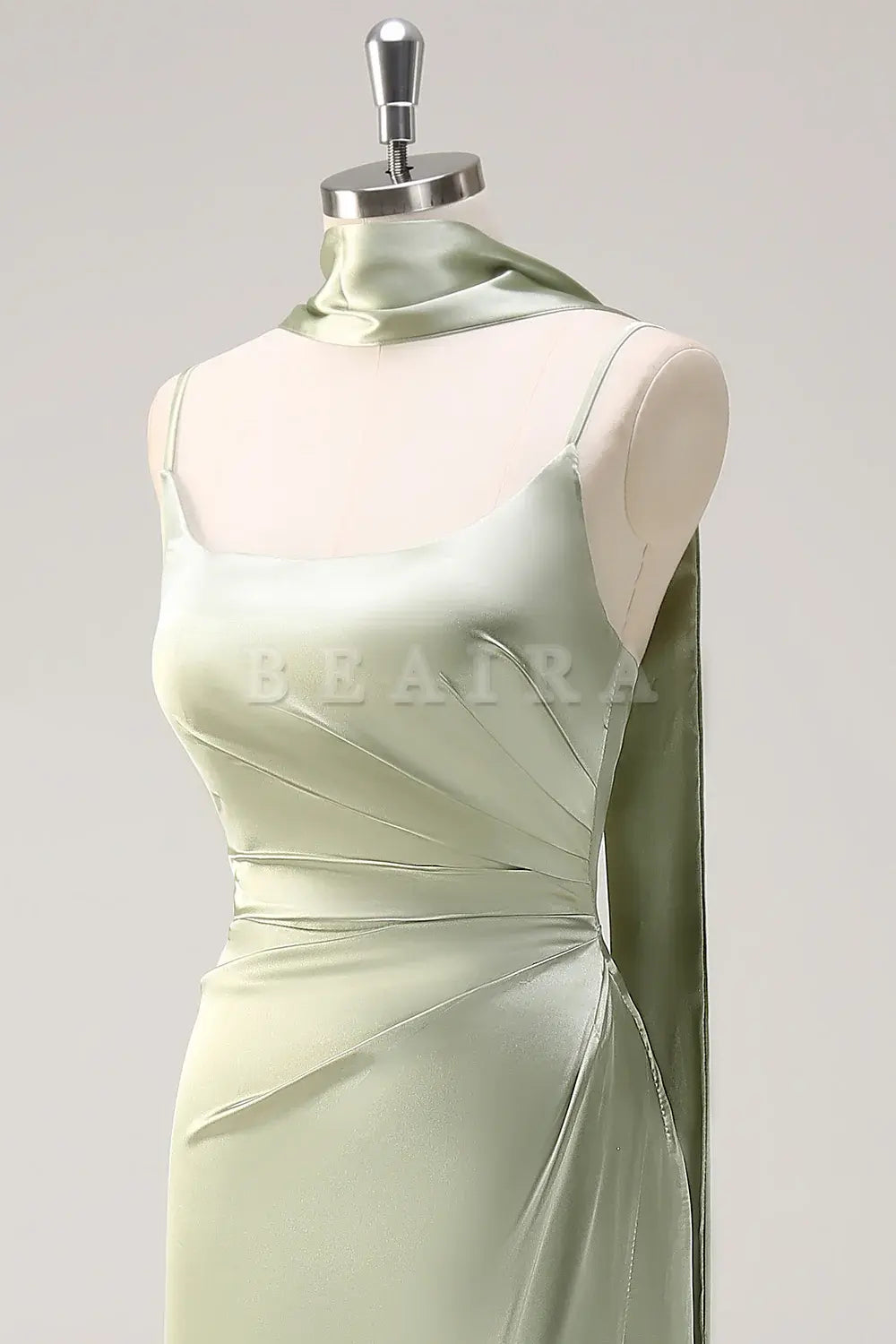 Beaira Sage Sheath Spaghetti Straps Streamer Long Satin Bridesmaid Dress with Slit Bridesmaid dress shop