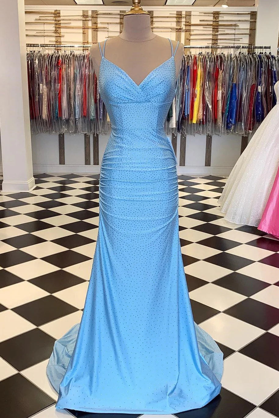 Satin Spaghetti Straps Sweep Train Mermaid Prom Dresses