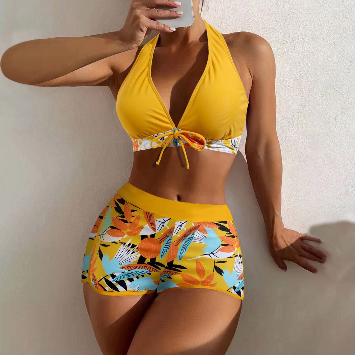 Beaira Shorts Bikinis Set High Waist Swimsuit Women Swimwear 2 Pieces Plant Print Bathers Bathing Swim Suit Beachwear