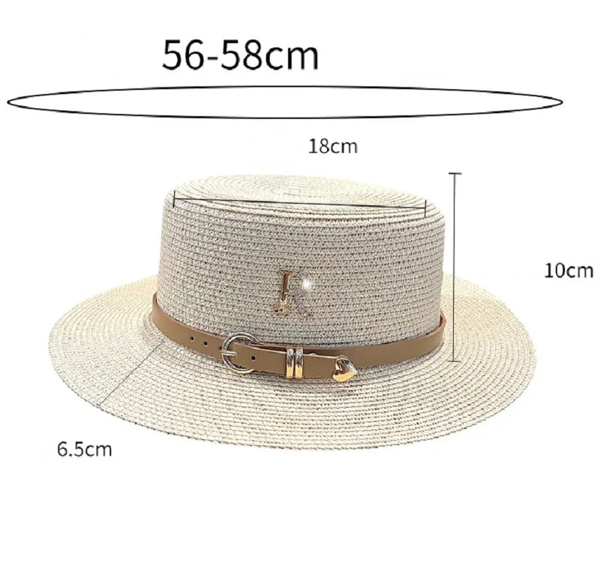 Beaira Summer Flat Top Straw Hats for Women New Metal R Letter Fashion Beach Sunshade Visors Sun Hat Females Travel Holidays Boater Hat