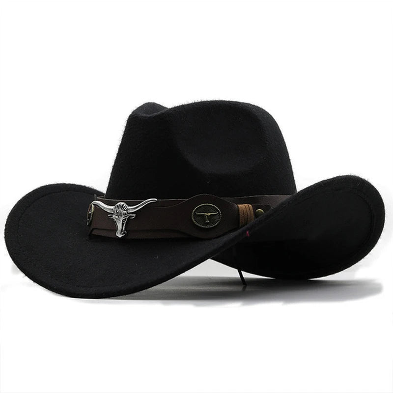 Beaira Western Cowboy Hat 4 Sizes Black Woolen Jazz Top Hat Men Ethnic Style Cow Head Ribbon Felt Cap Women Children Riding Fedora Hat