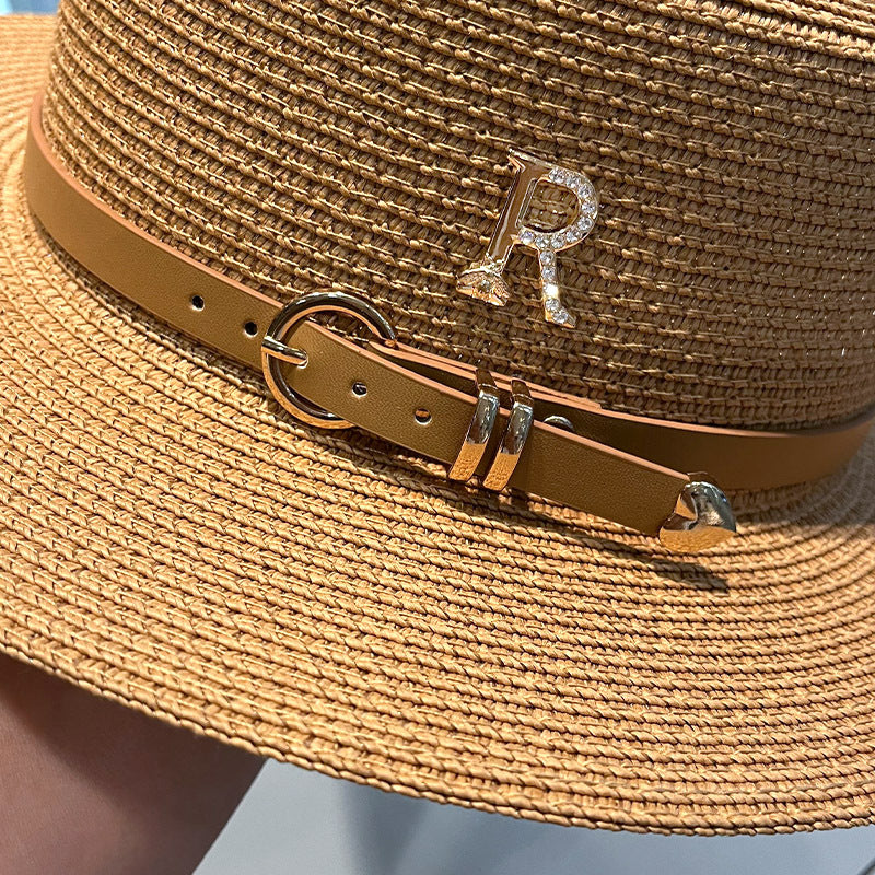 Beaira Summer Flat Top Straw Hats for Women New Metal R Letter Fashion Beach Sunshade Visors Sun Hat Females Travel Holidays Boater Hat