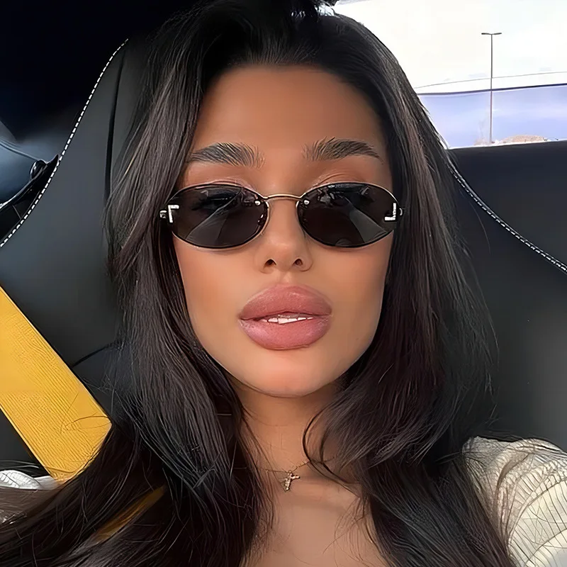 Beaira Fashion Retro Oval Rimless Sunglasses for Women Elegant Diamond Oval Sunglasses Male Letter "F" Rimless Sunglasses Female