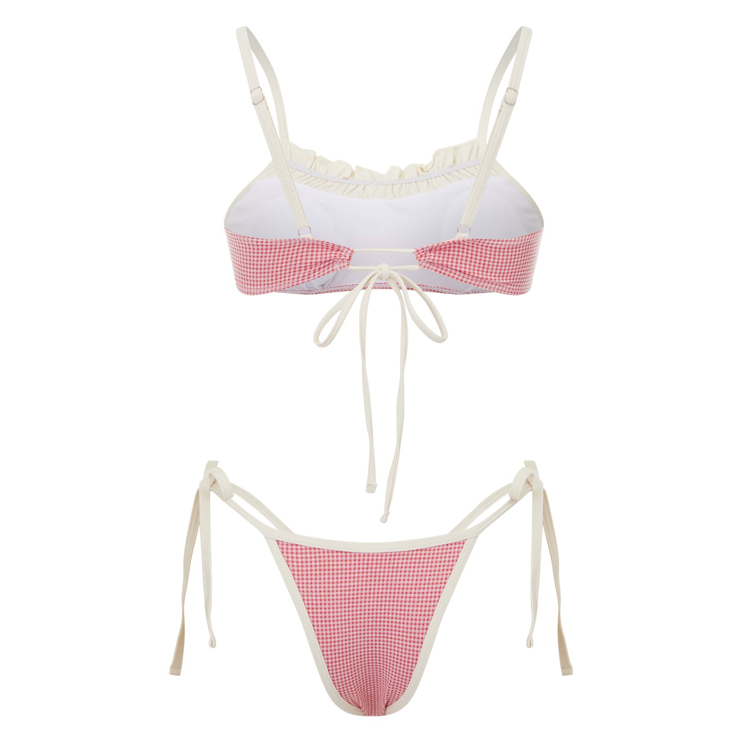 Beaira Women Sweet 2 Pieces Bikini Swimsuits Bow Plaid Patchwork Ruffles Sleeveless Padded Bra Thong Bottoms Beach Bathing Suit Set