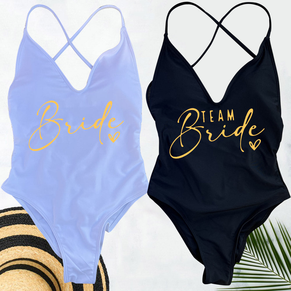 Beaira Pink Gold Print One Piece Swimsuit Team Bride Love Sexy Bathing Suit Padded Swimwear Women Bikini Bachelor Party Swim Beachwear