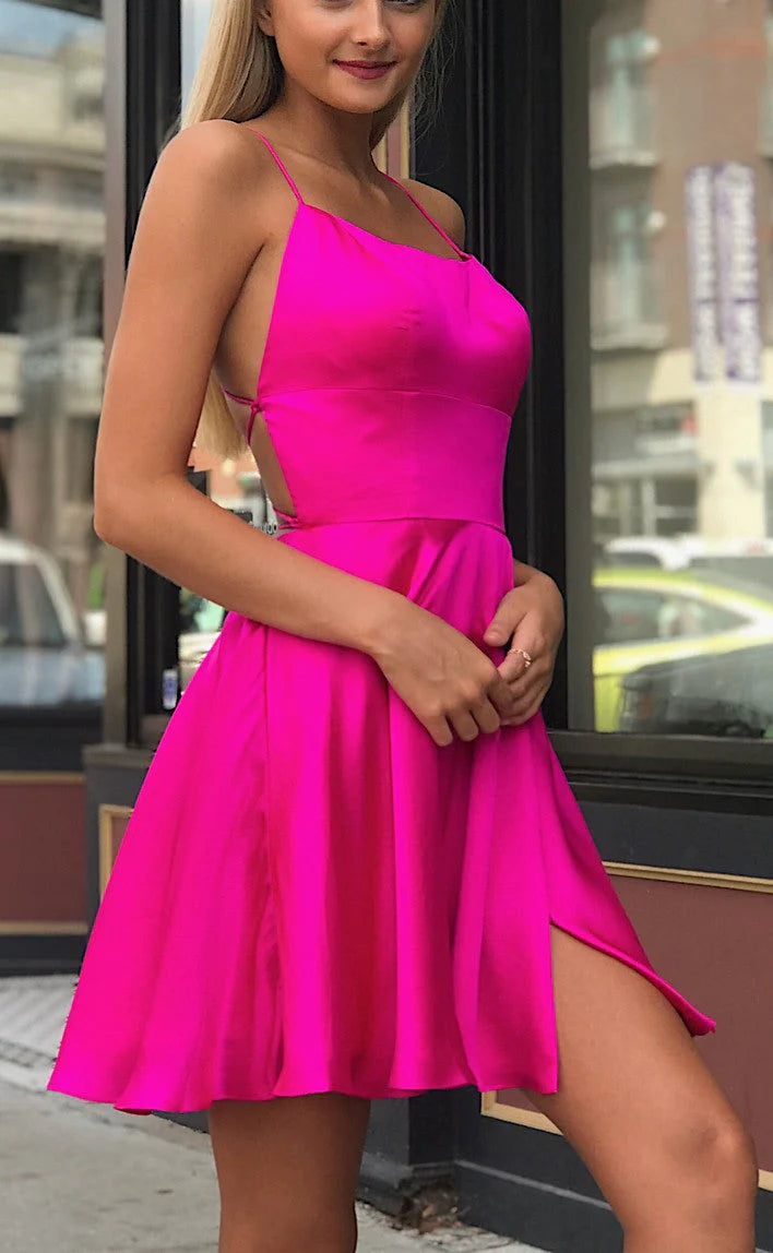 Scoop Homecoming Dresses A Line With ASpaghetti Straps Slit Satin Short/Mini