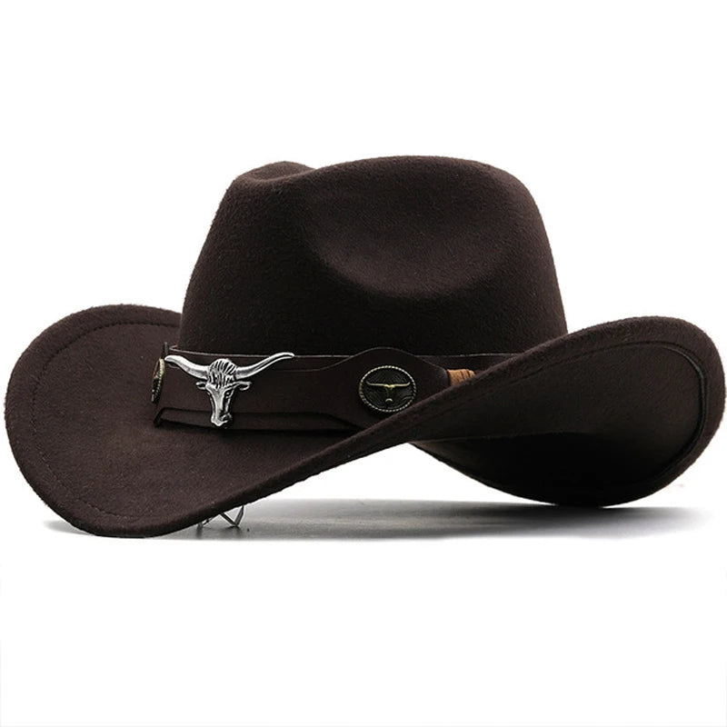 Beaira Western Cowboy Hat 4 Sizes Black Woolen Jazz Top Hat Men Ethnic Style Cow Head Ribbon Felt Cap Women Children Riding Fedora Hat