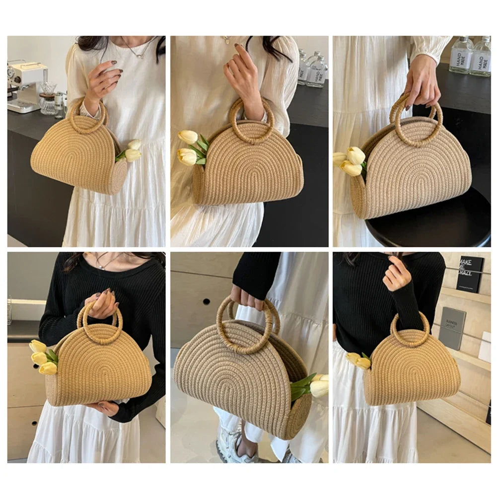Beaira Handwoven Top Handle Bag Retro Cotton Rope Shoulder Purse Holiday Travel Handbag Vacation Bag for Women and Girls