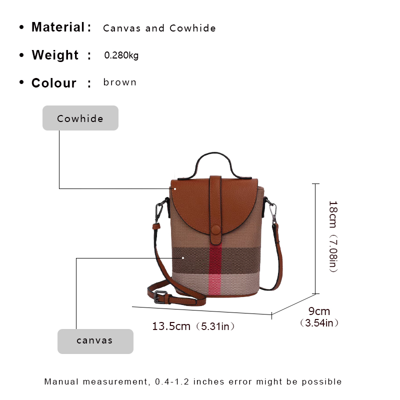 Beaira Fashionable women's mini bag plaid single shoulder crossbody bag canvas patchwork cowhide portable small bag