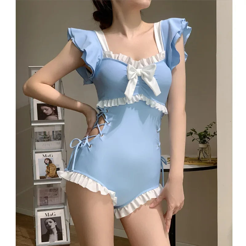 Beaira Cute Bow Swimwear Women Lolita Conservative One Piece Swimsuit Female Bathing Suits Bodysuit Girl's Holiday Beach Wear Body Suit
