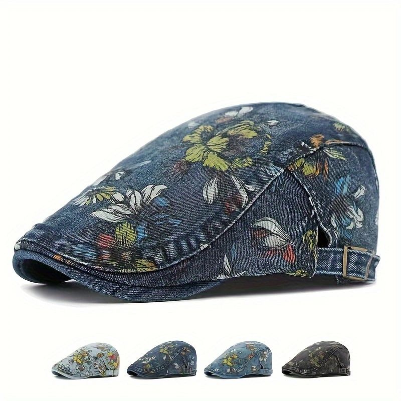Beaira Ethnic Style Hat for Women Korean Style Fashion Washed Denim Beret British Retro Flower Peaked Cap Forward Hat for Men