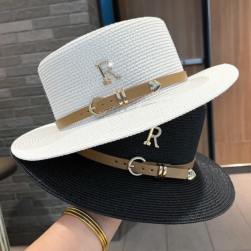 Beaira Summer Flat Top Straw Hats for Women New Metal R Letter Fashion Beach Sunshade Visors Sun Hat Females Travel Holidays Boater Hat