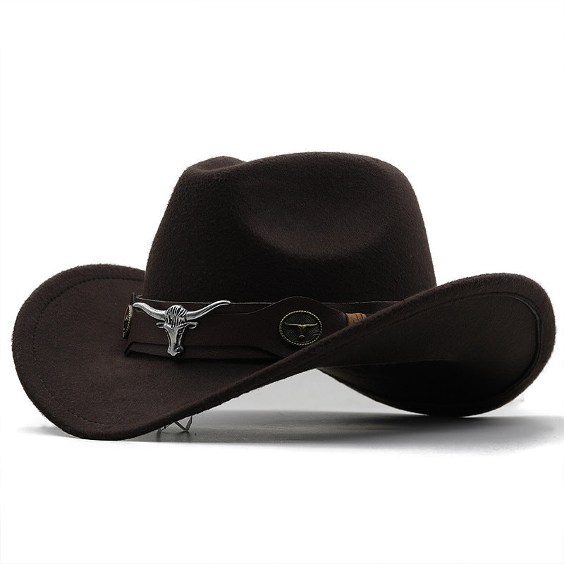 Beaira Western Cowboy Hat 4 Sizes Black Woolen Jazz Top Hat Men Ethnic Style Cow Head Ribbon Felt Cap Women Children Riding Fedora Hat