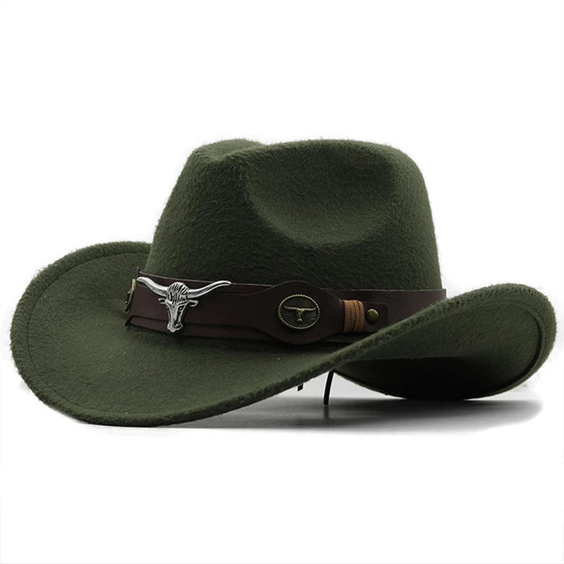Beaira Western Cowboy Hat 4 Sizes Black Woolen Jazz Top Hat Men Ethnic Style Cow Head Ribbon Felt Cap Women Children Riding Fedora Hat