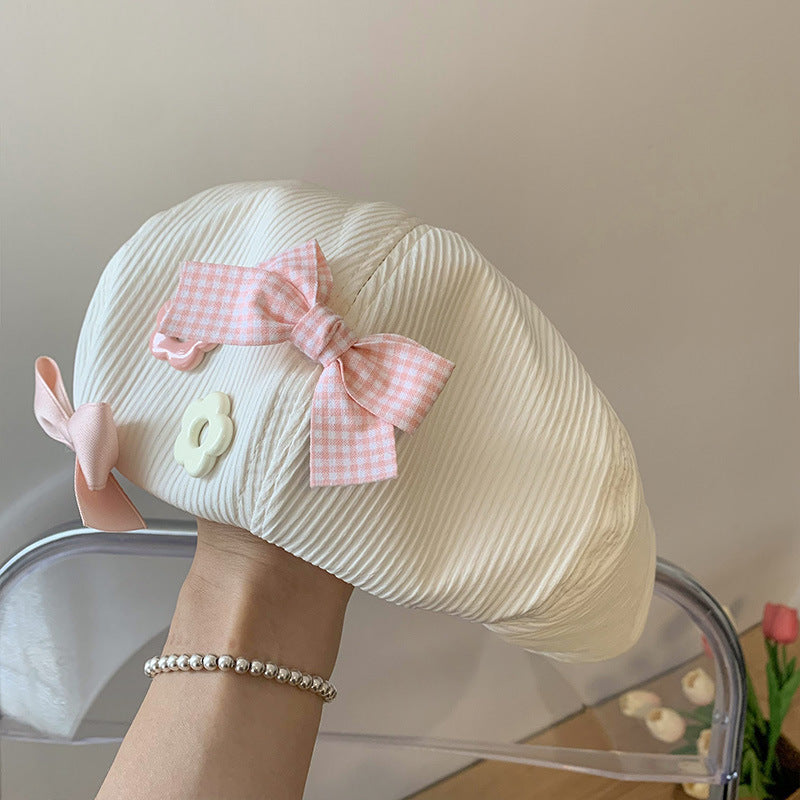 Beaira Women's Beret With Bow Flower - Japanese Cute Versatile Painter Hat, Slimming For Large Head, Dopamine Fashion Cap Gift For Her