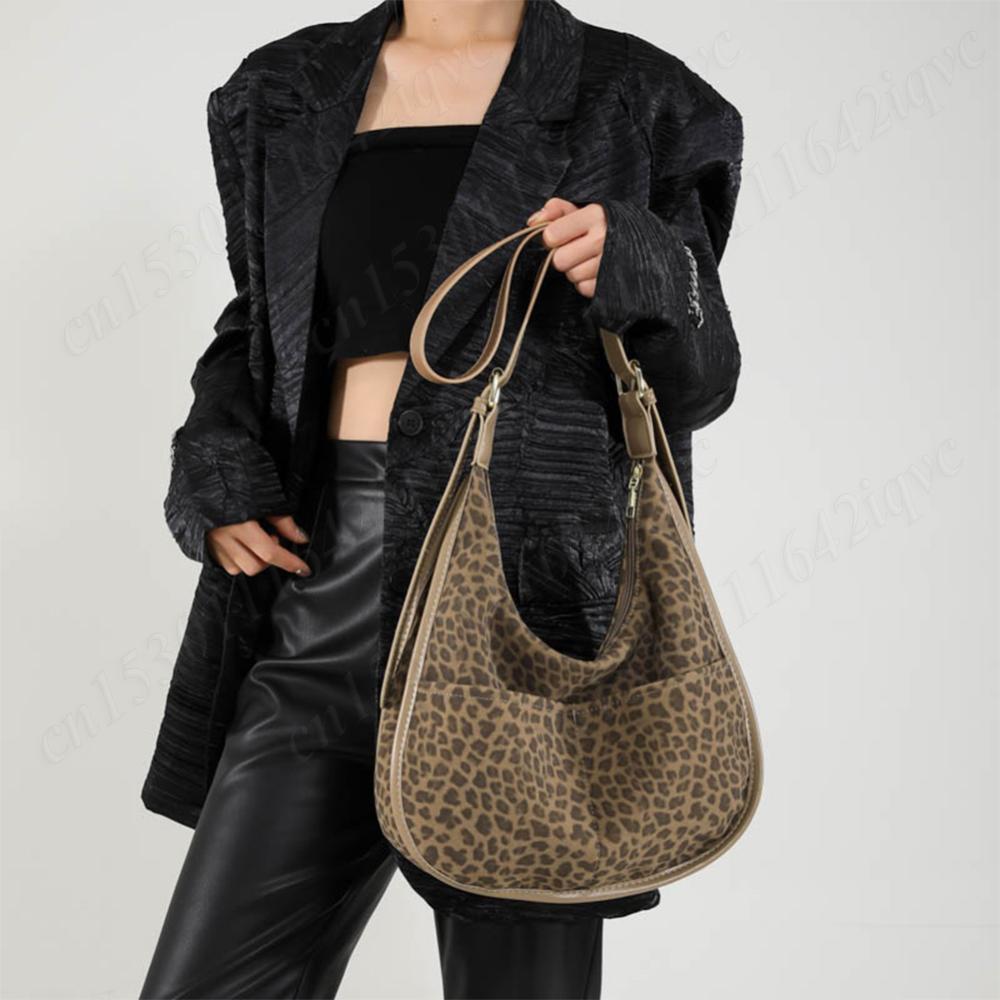 Beaira Women Suede Crossbody Bag Leopard Print Shoulder Bag Tote Bag with Multi-Pocket Handbag Adjustable Strap Hobo Bag Messenger Bag
