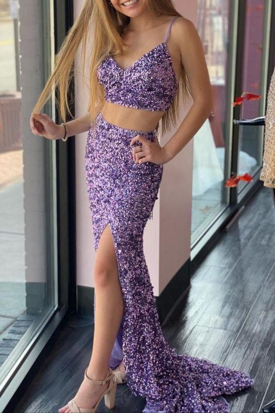 Sequin Two Pieces Prom Dress Fashion Sexy Custom Made Evening Dress