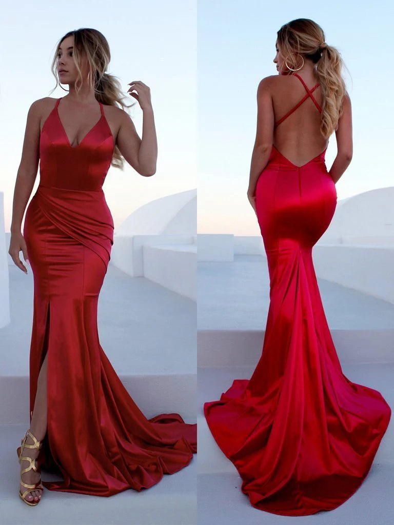 Sexy Mermaid Satin Deep V Neck Prom Dresses Long Evening Dresses