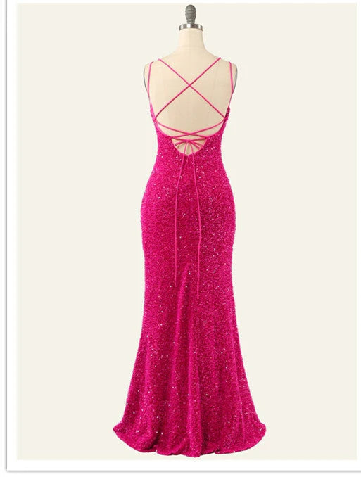 Mermaid Spaghetti Straps Long Custom Sequin Prom Dresses With Split
