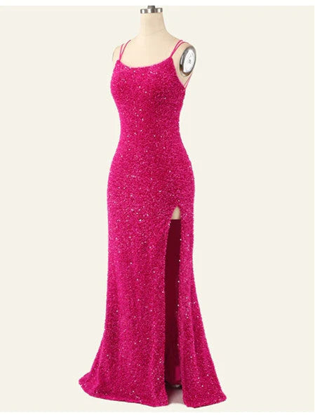 Mermaid Spaghetti Straps Long Custom Sequin Prom Dresses With Split