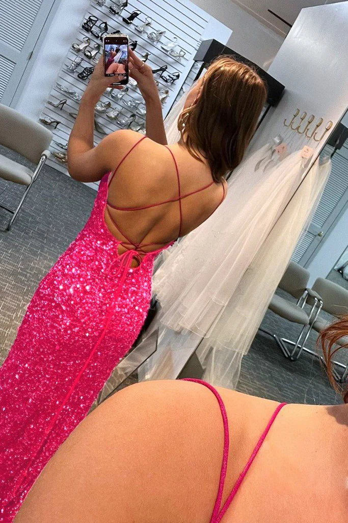 Mermaid Spaghetti Straps Long Custom Sequin Prom Dresses With Split