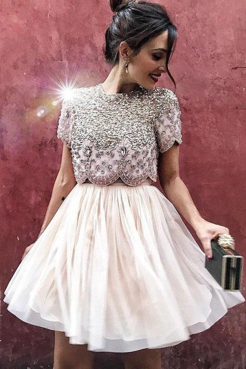 Sexy Two Piece Short Sleeve Homecoming Dress with Beads Round Neck Chiffon Cocktail Dress