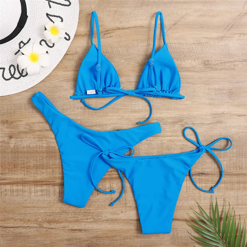 Beaira Sexy 3 Piece Bikini Set Women Solid Blue Purple Push Up Bandage Triangle Swimsuit Brazilian Beach Bathing Suit Swumwear Biquini