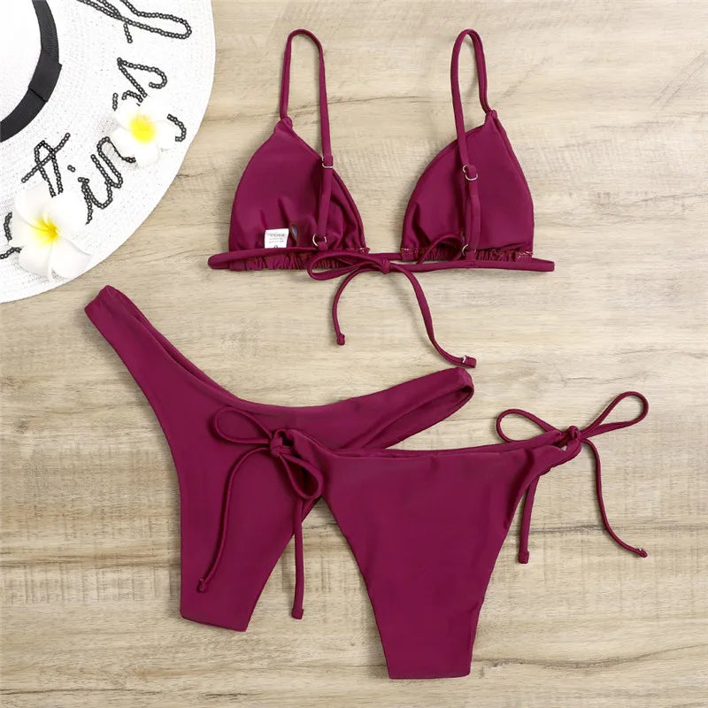 Beaira Sexy 3 Piece Bikini Set Women Solid Blue Purple Push Up Bandage Triangle Swimsuit Brazilian Beach Bathing Suit Swumwear Biquini