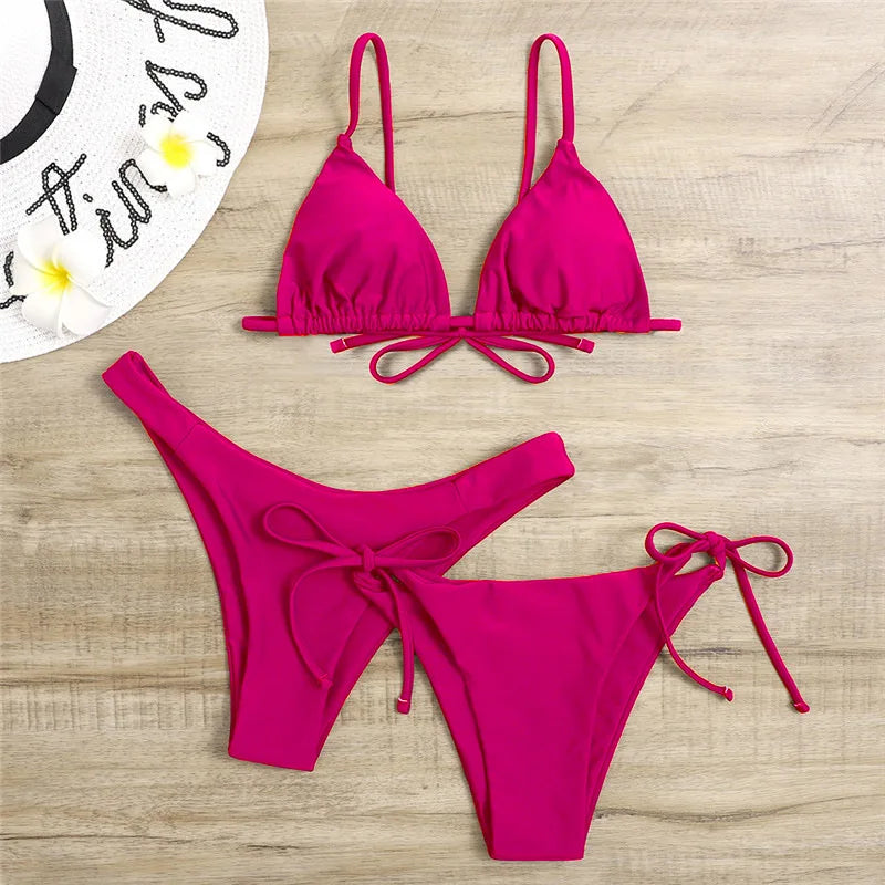 Beaira Sexy 3 Piece Bikini Set Women Solid Blue Purple Push Up Bandage Triangle Swimsuit Brazilian Beach Bathing Suit Swumwear Biquini