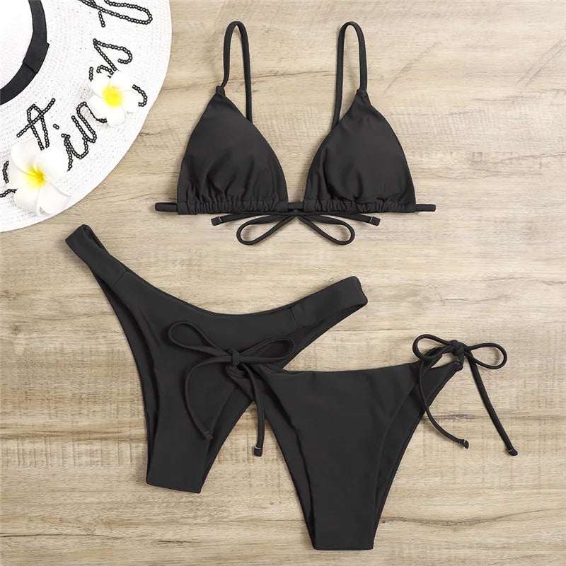 Beaira Sexy 3 Piece Bikini Set Women Solid Blue Purple Push Up Bandage Triangle Swimsuit Brazilian Beach Bathing Suit Swumwear Biquini