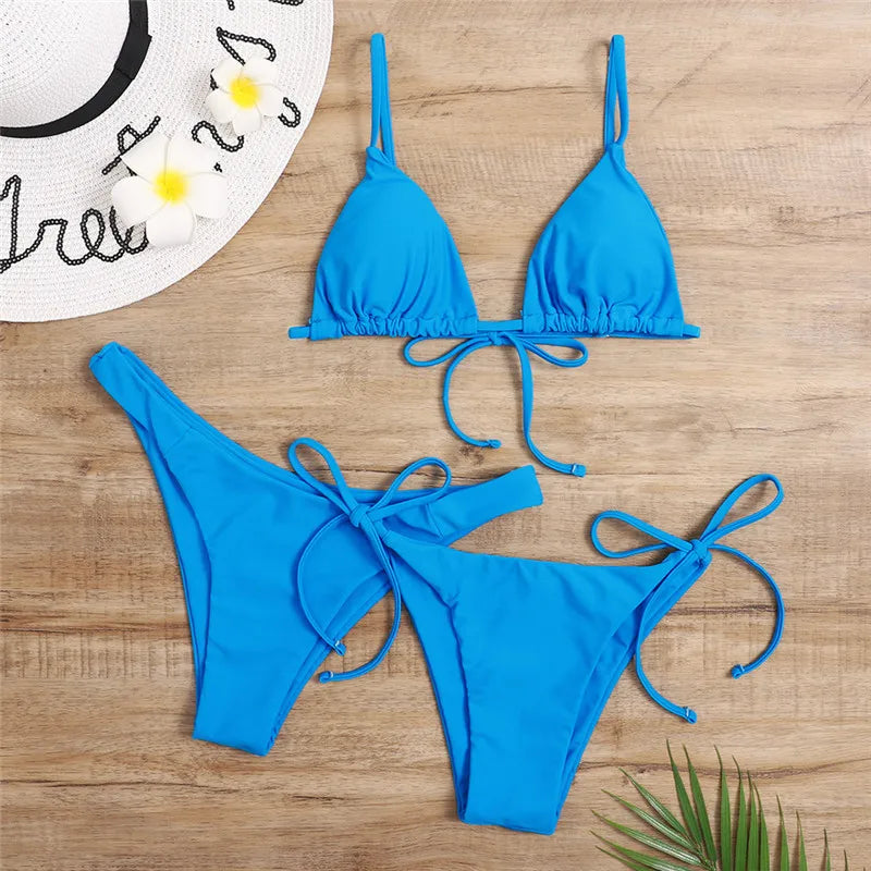 Beaira Sexy 3 Piece Bikini Set Women Solid Blue Purple Push Up Bandage Triangle Swimsuit Brazilian Beach Bathing Suit Swumwear Biquini
