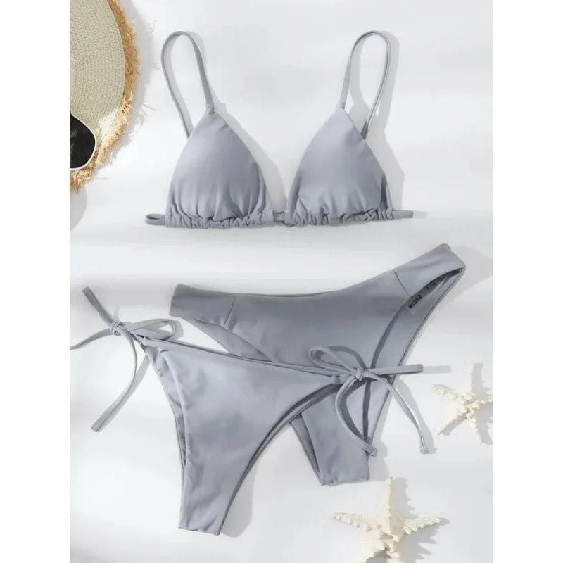 Beaira Sexy 3 Piece Bikini Set Women Solid Blue Purple Push Up Bandage Triangle Swimsuit Brazilian Beach Bathing Suit Swumwear Biquini