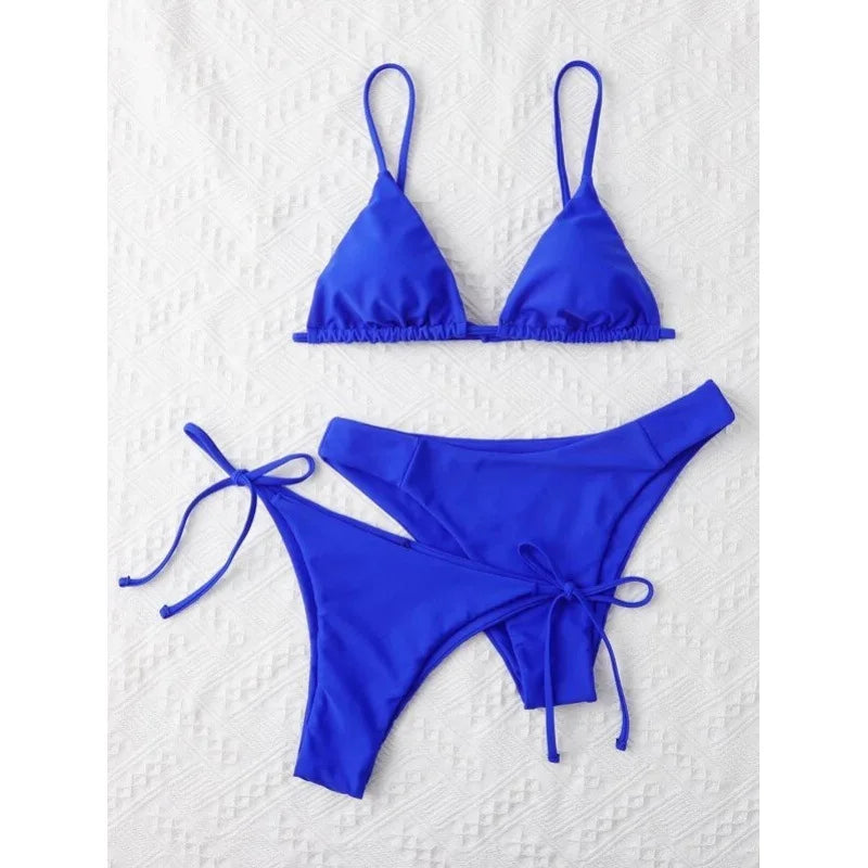 Beaira Sexy 3 Piece Bikini Set Women Solid Blue Purple Push Up Bandage Triangle Swimsuit Brazilian Beach Bathing Suit Swumwear Biquini