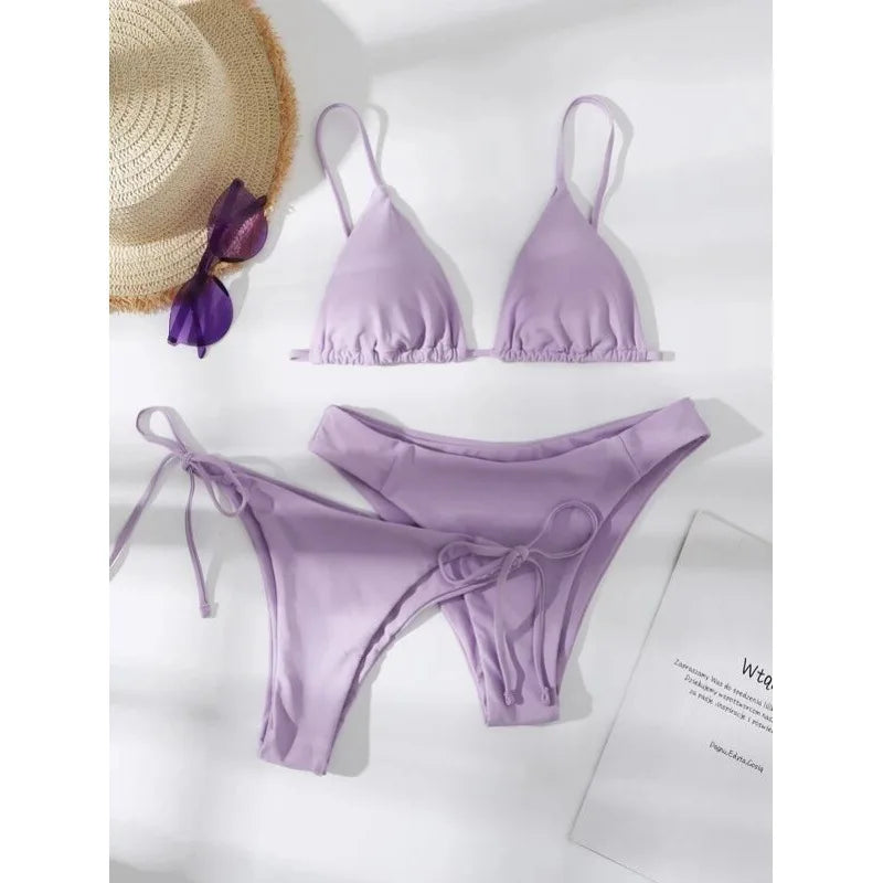 Beaira Sexy 3 Piece Bikini Set Women Solid Blue Purple Push Up Bandage Triangle Swimsuit Brazilian Beach Bathing Suit Swumwear Biquini
