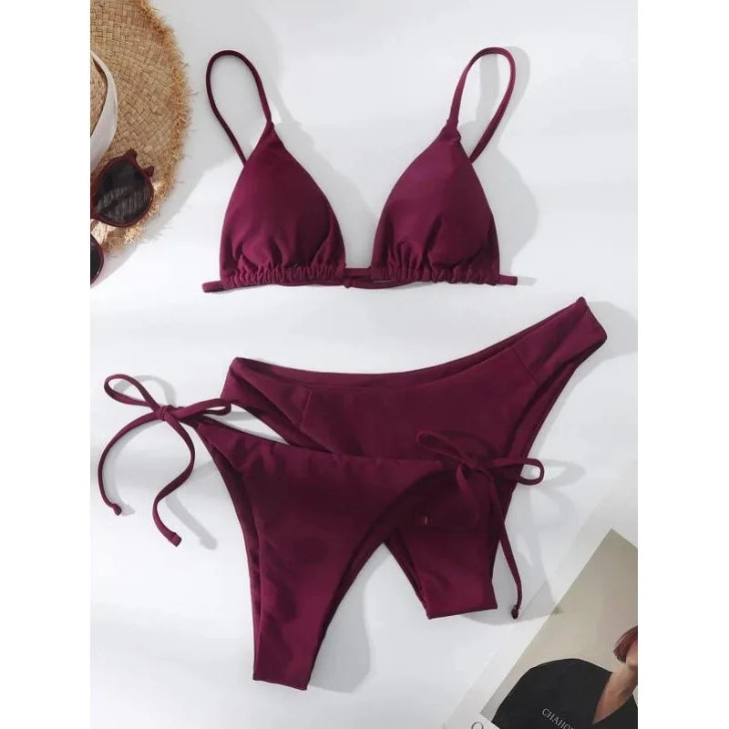 Beaira Sexy 3 Piece Bikini Set Women Solid Blue Purple Push Up Bandage Triangle Swimsuit Brazilian Beach Bathing Suit Swumwear Biquini