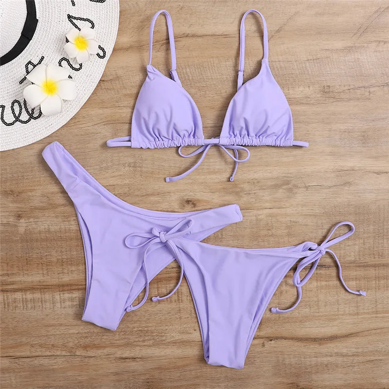 Beaira Sexy 3 Piece Bikini Set Women Solid Blue Purple Push Up Bandage Triangle Swimsuit Brazilian Beach Bathing Suit Swumwear Biquini