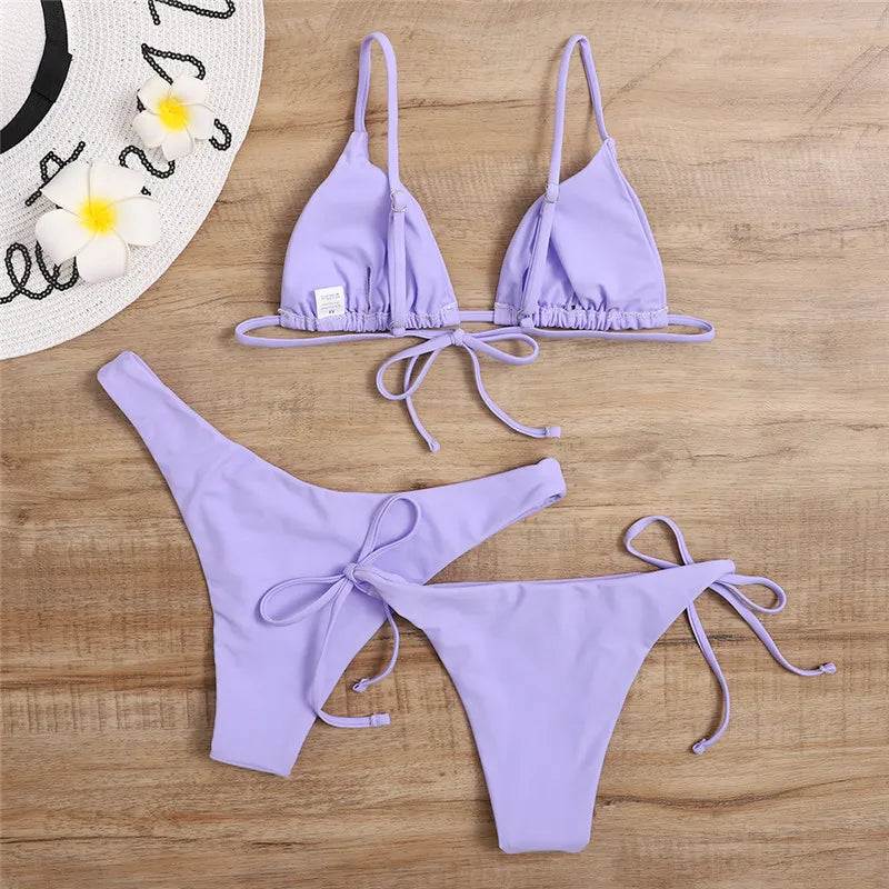 Beaira Sexy 3 Piece Bikini Set Women Solid Blue Purple Push Up Bandage Triangle Swimsuit Brazilian Beach Bathing Suit Swumwear Biquini