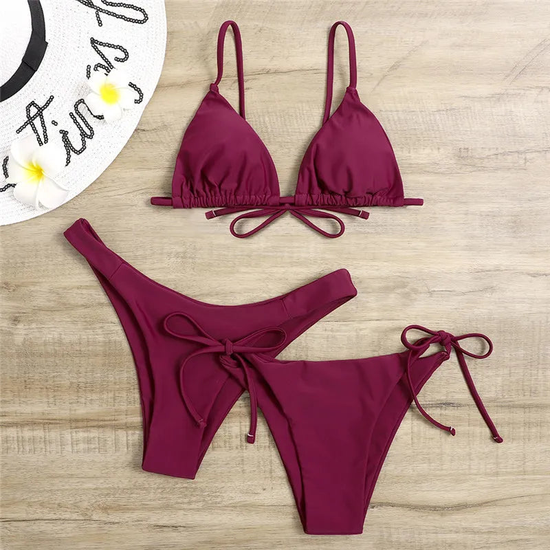 Beaira Sexy 3 Piece Bikini Set Women Solid Blue Purple Push Up Bandage Triangle Swimsuit Brazilian Beach Bathing Suit Swumwear Biquini