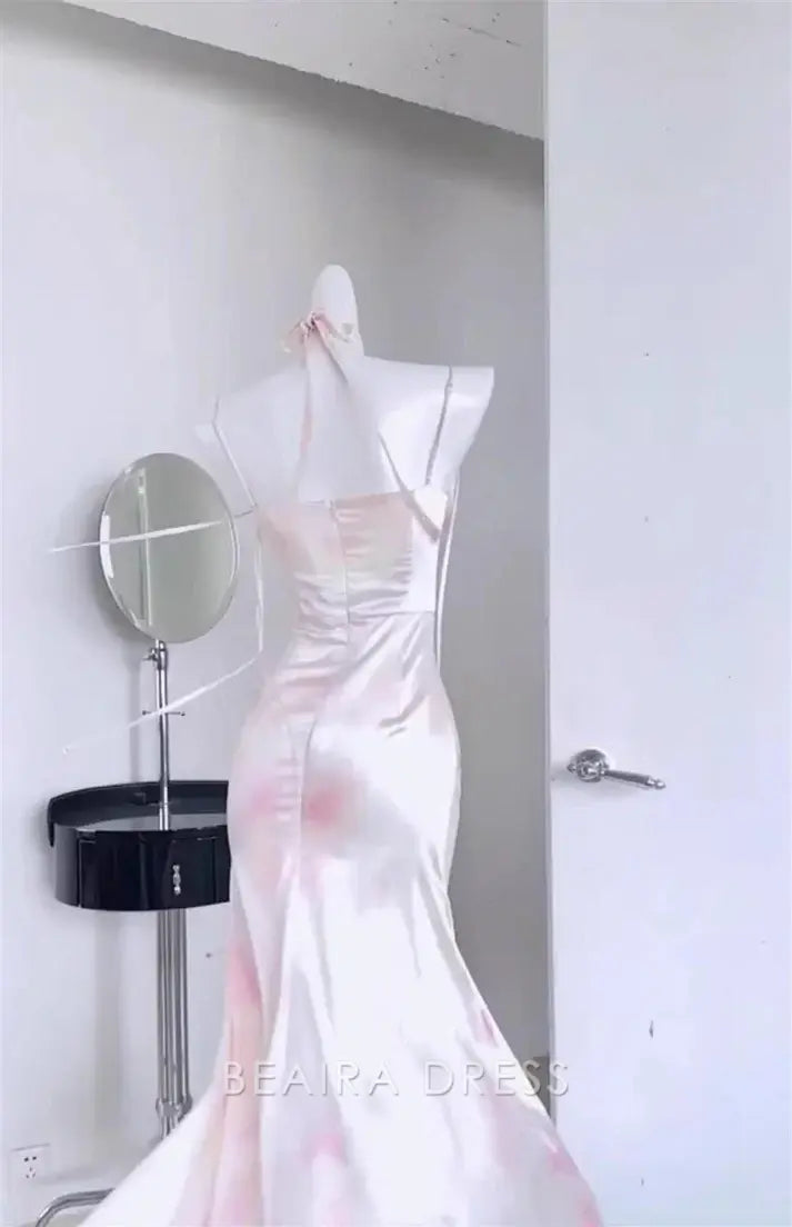 Beaira Elegant Sexy Mermaid Spaghetti Straps Pink Satin Prom Dresses Night Dress Birthday Outfits formal wear dresses