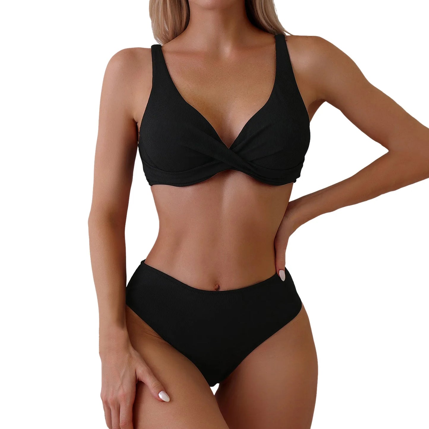 Beaira Sexy Push Up Two Piece Swimsuits Solid Color V Neck Gather Swimwear Ruched Bikinis Set Summer Swimming Outfits Women'S Swimsuit