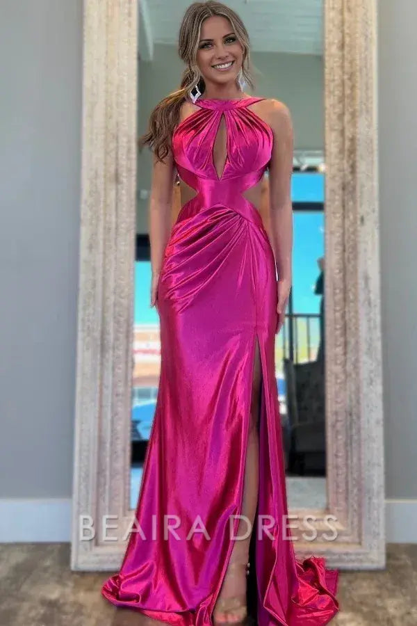 Beaira Sexy & Hot Mermaid Halter Sleeveless Pleated Prom Party Dress High Side Slit and Train Open Back Cocktail Dress