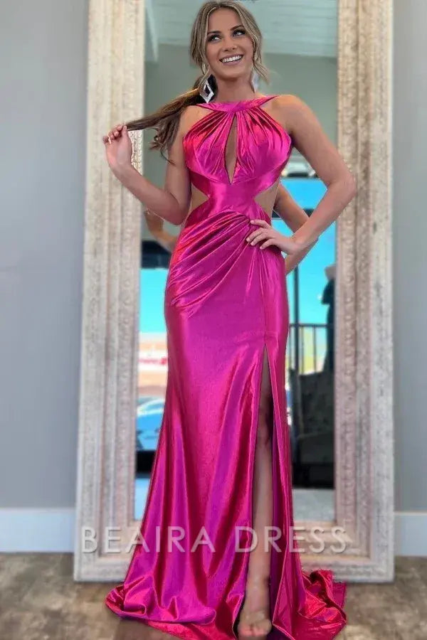 Beaira Sexy & Hot Mermaid Halter Sleeveless Pleated Prom Party Dress High Side Slit and Train Open Back Cocktail Dress