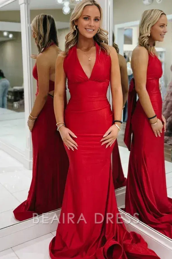 Beaira Sexy & Hot Mermaid Low V Neck Sleeveless Halter Open Back Evening Formal Gown Prom Party Dress Cocktail Gown