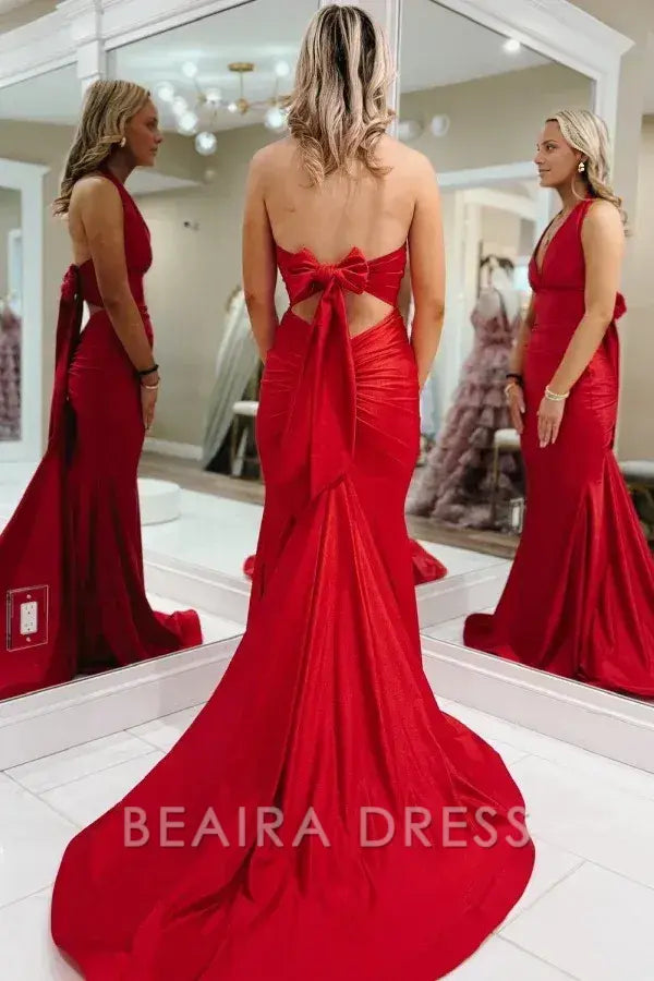 Beaira Sexy & Hot Mermaid Low V Neck Sleeveless Halter Open Back Evening Formal Gown Prom Party Dress Cocktail Gown