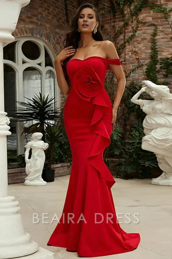Beaira Sexy & Hot Mermaid Off Shoulder Sleeveless Flower Ruffles Floor Length Party Dress Prom Dress Cocktail Dress